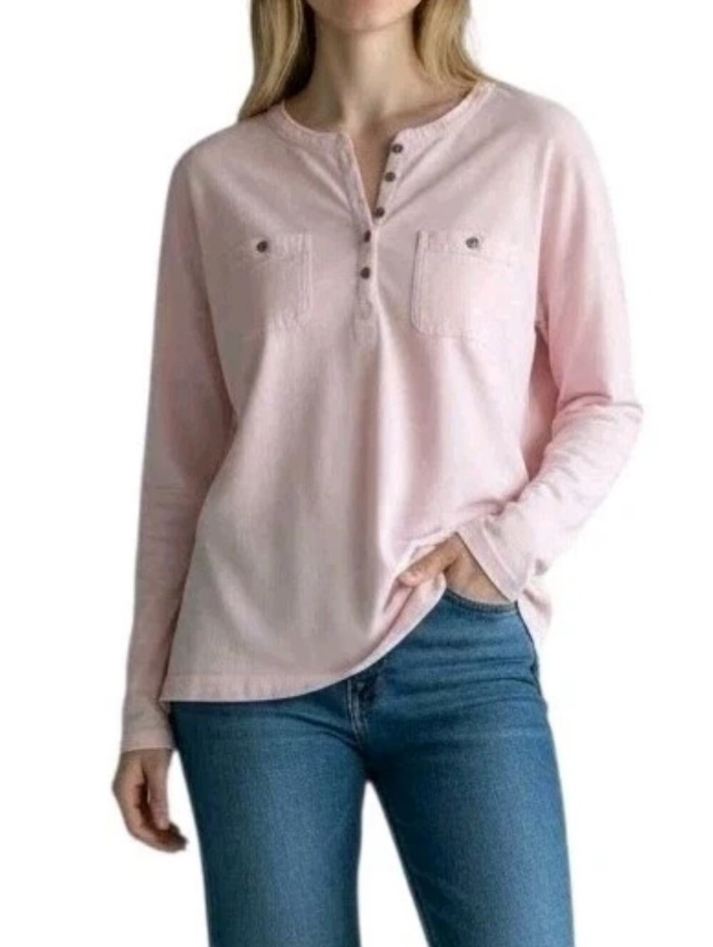 Chaps Ralph Lauren Pink Henley Top Womens XL Button Soft Patch Pockets Classic